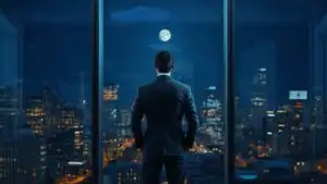 Man in Suit Looking Out of Window