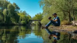 Man Sitting Beside Lake with Camera