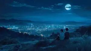 Manga Couple Sitting Back to Back on Hill