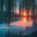 Manga Girl Sitting by Lake at Golden Hour