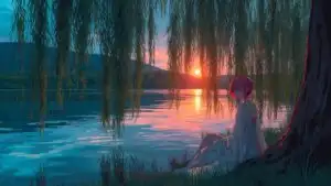 Manga Girl Sitting by Lake at Golden Hour