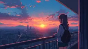 Manga Girl Watching Sunrise from Balcony