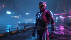 Mecha Ranger Patrolling Abandoned Neon Harbor