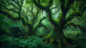 Moss Covered Trees Deep Green Forest Floor
