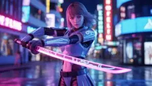 Neon Cyber Samurai Girl With Energy Katana