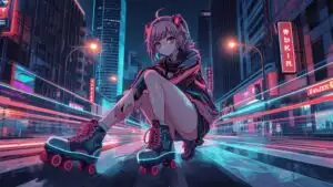 Neon Skater Girl Under Street Lights