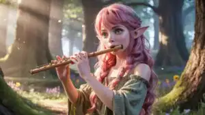 Pink Hair Elf Anime Girl With Flute