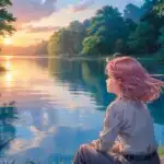 Pink Haired Manga Girl by the Lake at Sunset