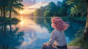 Pink Haired Manga Girl by the Lake at Sunset