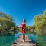 Pregnant Woman Standing on Wooden Bridge by River