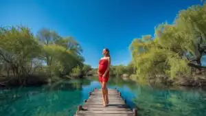 Pregnant Woman Standing on Wooden Bridge by River
