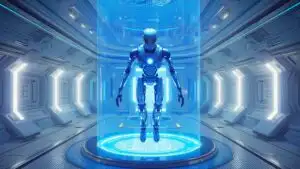 Prototype Android Floating in Futuristic Anti Gravity Chamber