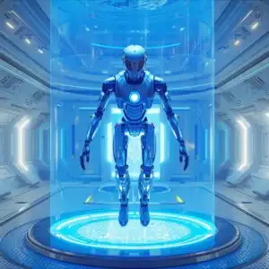 Prototype Android Floating in Futuristic Anti Gravity Chamber