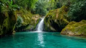 Rainforest Waterfall Moss Covered Rocks Fresh Water