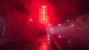 Red Neon Sign Through Mist