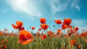 Red Poppy Field Blue Sky Contrast Vibrant Summer
