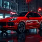 Red Porsche Cayenne Luxury SUV in Neon City Night