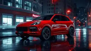 Red Porsche Cayenne Luxury SUV in Neon City Night