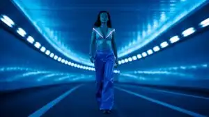 Rihanna Walking Through a Futuristic Tunnel