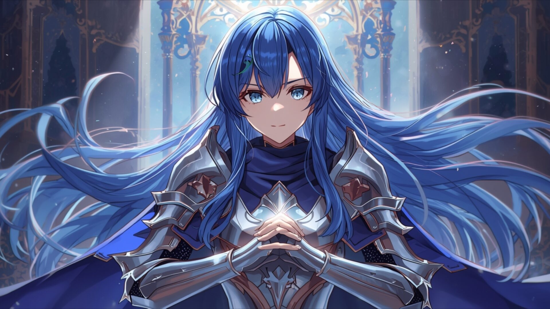 royal knight girl with blue hair wallpaper, anime, anime fantasy, anime girl, anime knight girl, blue hair, fantasy warrior, knight, medieval fantasy, desktop, mobile, background