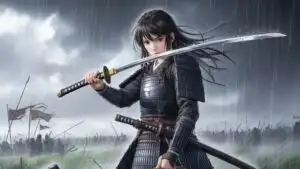 Samurai Girl In Rainy Battlefield