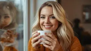 Smiling Woman Enjoying Coffee by the Window