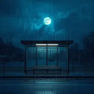 Soft Rain on Empty Bus Stop