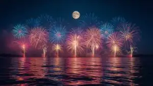 Summer Fireworks Over Water Reflection
