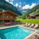 Swiss Alps Green Valley Wooden Chalets