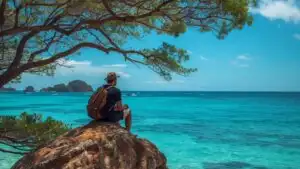 Traveler Sitting on Rock by Ocean