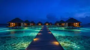Tropical Island Overwater Bungalows at Night