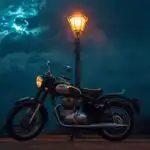 Vintage Motorcycle Parked Under Old Street Lamp
