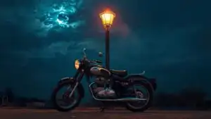 Vintage Motorcycle Parked Under Old Street Lamp