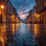 Wet Cobblestone Street Rain Evening Reflection