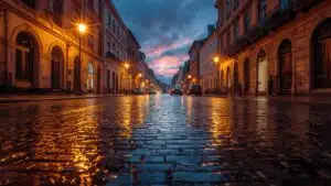 Wet Cobblestone Street Rain Evening Reflection