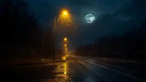 Wet Street Under Lamp Glow