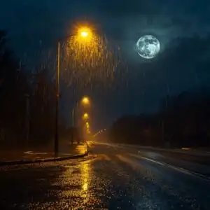 Wet Street Under Lamp Glow