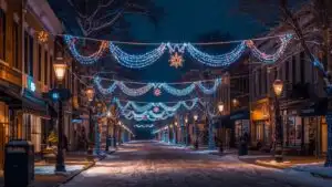 Winter Lights Hanging Across Quiet Town Street
