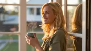 Woman Holding Coffee Cup by Window