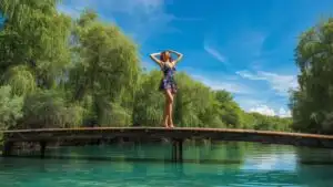 Woman in Short Dress Standing on Wooden Bridge