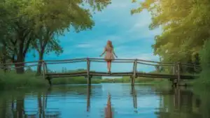 Woman on Rustic Wooden Bridge Surrounded by Nature