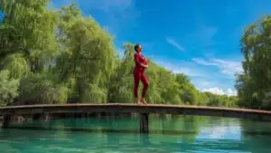 Woman Posing on Narrow Wooden Bridge in Nature