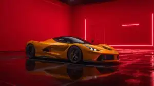 Yellow Ferrari LaFerrari Hypercar in Red Neon Studio