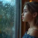 Young Girl Gazing Through a Rainy Window at Dusk