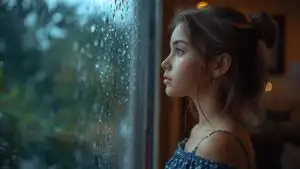 Young Girl Gazing Through a Rainy Window at Dusk