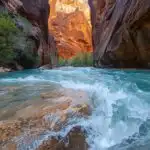 Zion Canyon River Flow Through Narrow Red Rock Walls