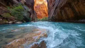 Zion Canyon River Flow Through Narrow Red Rock Walls
