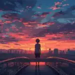 Anime Boy Standing on Bridge at Dusk
