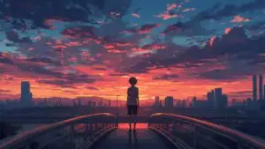 Anime Boy Standing on Bridge at Dusk