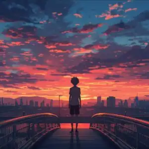 Anime Boy Standing on Bridge at Dusk